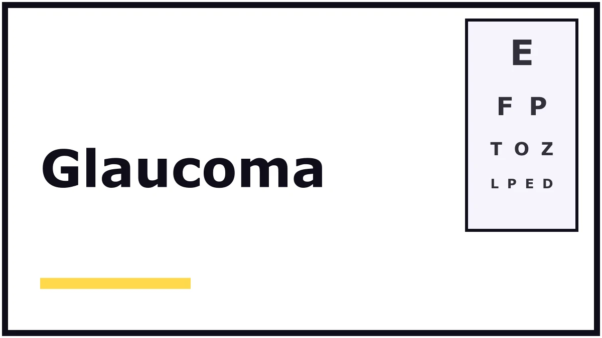 Portada ilustrada sobre el glaucoma ocular: el título en letras negras grandes sobre fondo blanco y una tabla de letras para medir la vista, sin personas ni producto